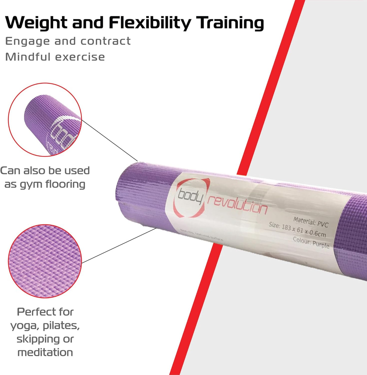 Tapis de yoga violet en PVC, texture antidérapante, dimensions 183 x 61 x 0,6 cm, idéal pour le yoga et les exercices de flexibilité