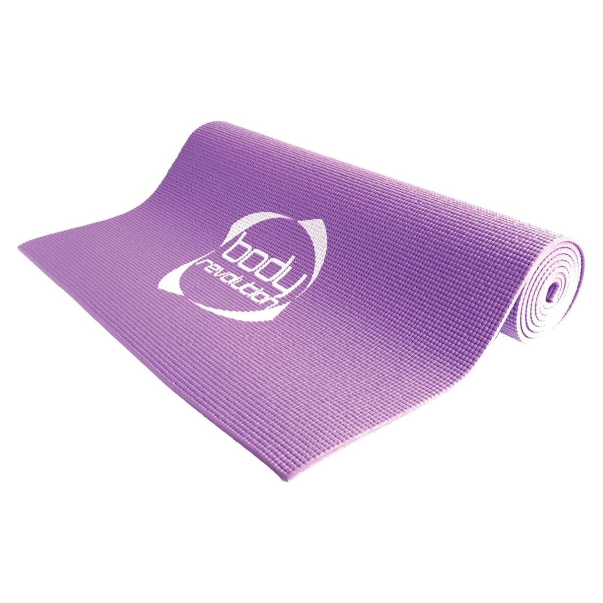 Tapis de yoga violet en matériau antidérapant, surface texturée et logo blanc, idéal pour le confort et la stabilité durant les séances de yoga