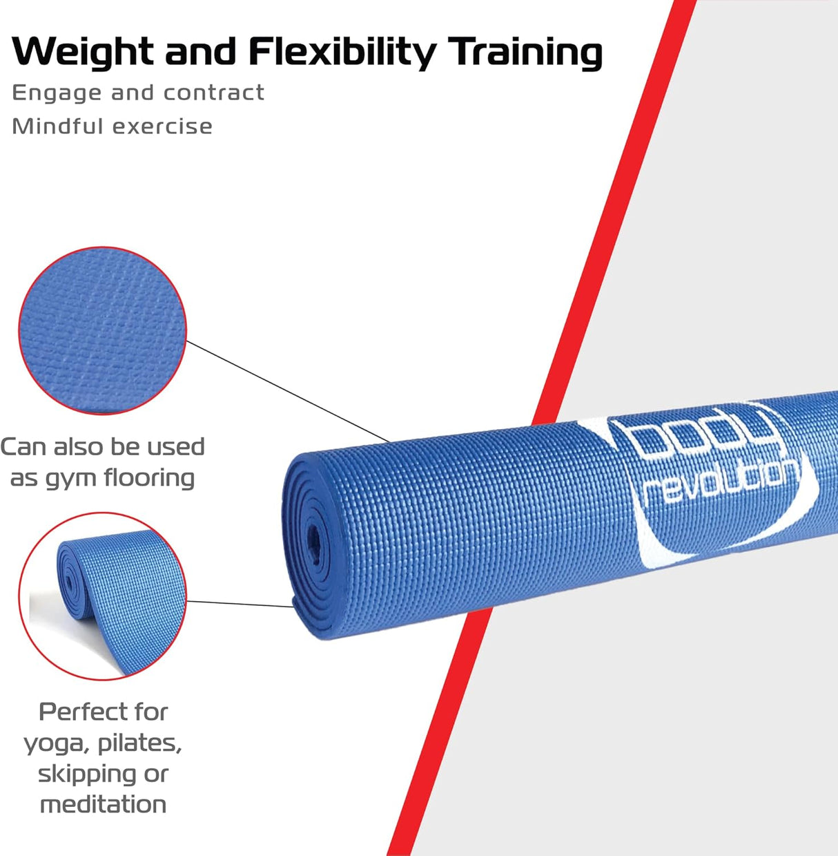 Tapis de yoga bleu en matériau texturé, idéal pour le yoga, le pilates et la méditation, avec logo sur le côté