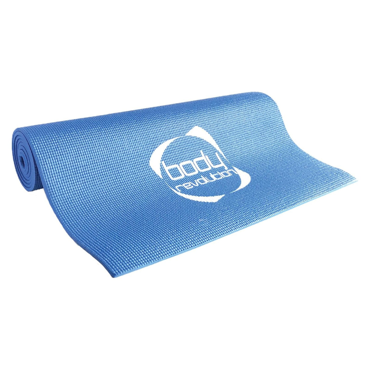 Tapis de yoga bleu en matériau antidérapant, avec texture en relief et logo blanc au centre, idéal pour le confort et la stabilité
