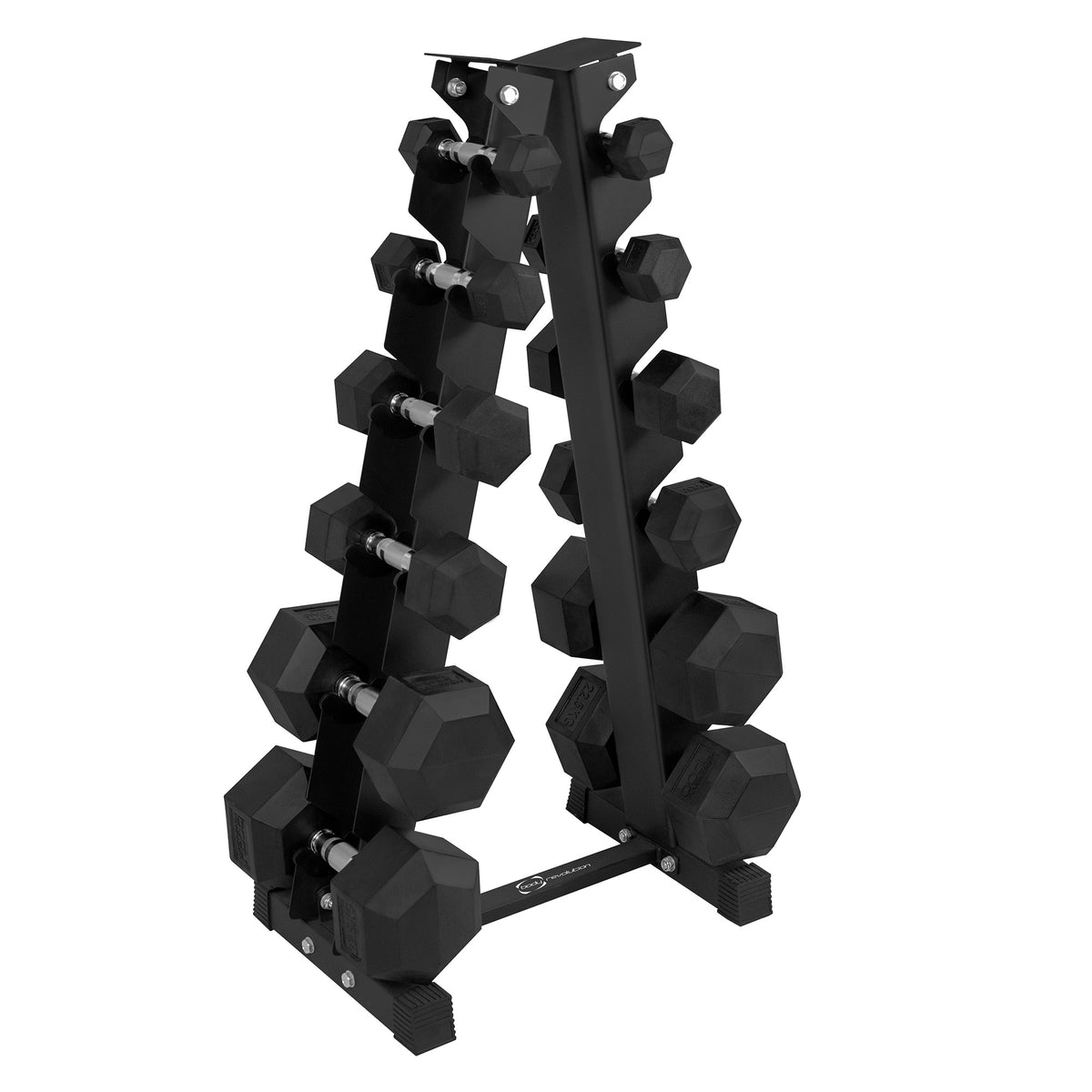 Support d'haltères à 6 niveaux en métal noir, avec des poids hexagonaux en caoutchouc, offrant une structure robuste et stable