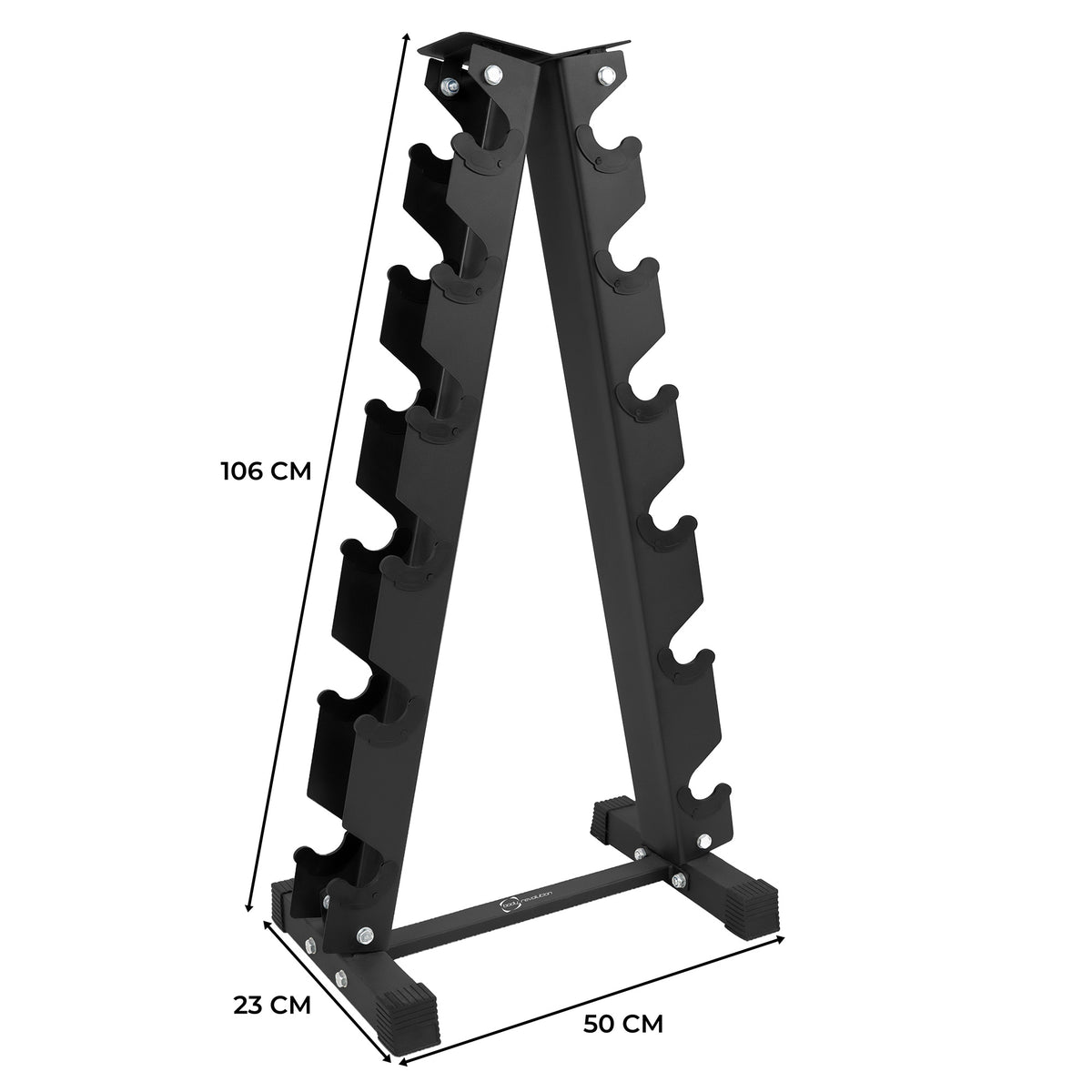 Support d’haltères en métal noir à 6 niveaux, mesurant 106 cm de hauteur, avec une base stable et des bords arrondis pour la sécurité