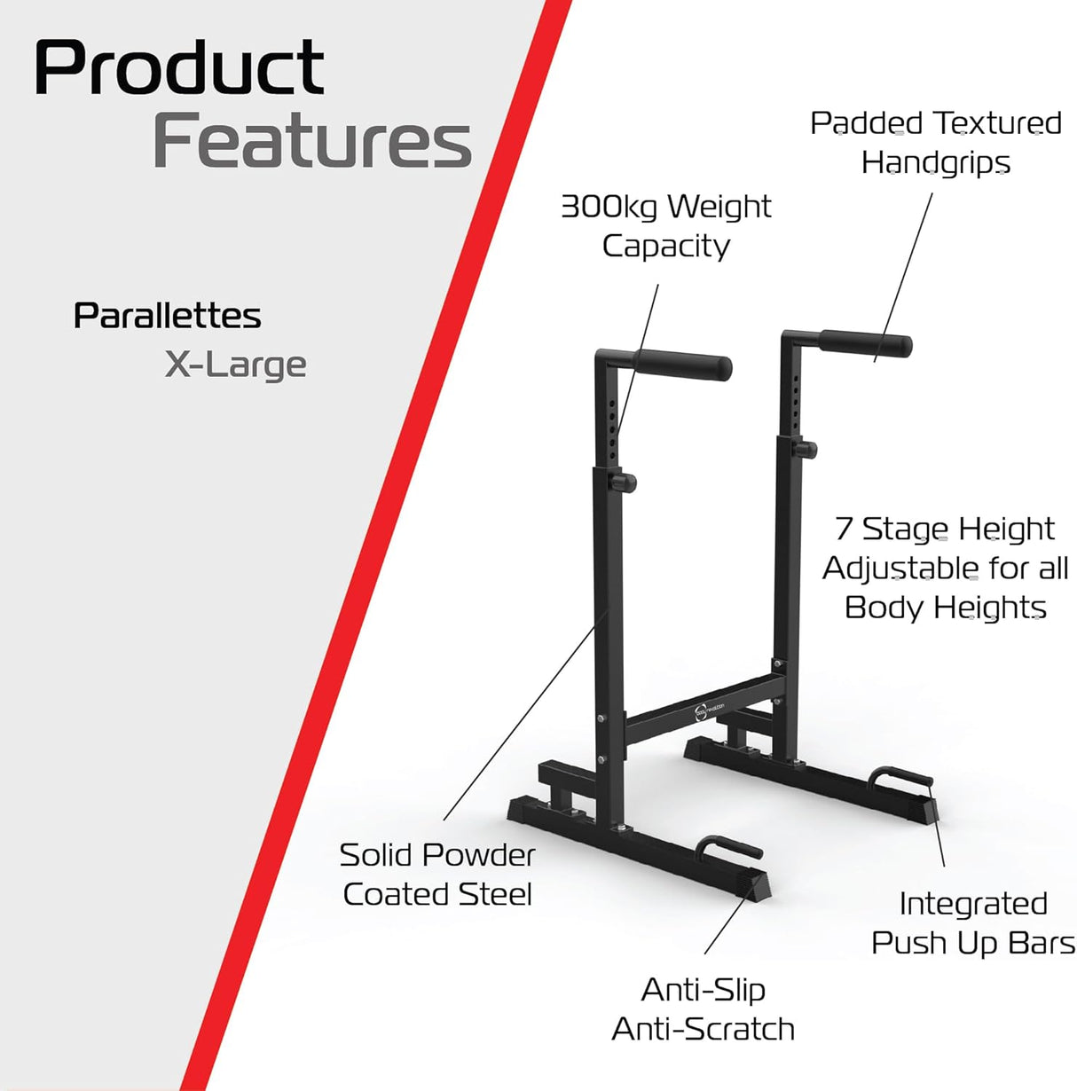 Barres parallèles XL en acier noir, poignées rembourrées texturées, réglables en hauteur, capacité de 300 kg, design robuste et anti-rayures