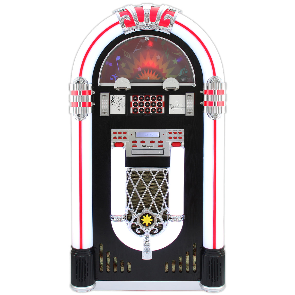 Juke-box rétro avec finition brillante, lumières LED colorées, boutons argentés, et porte-CD intégré, style vintage élégant