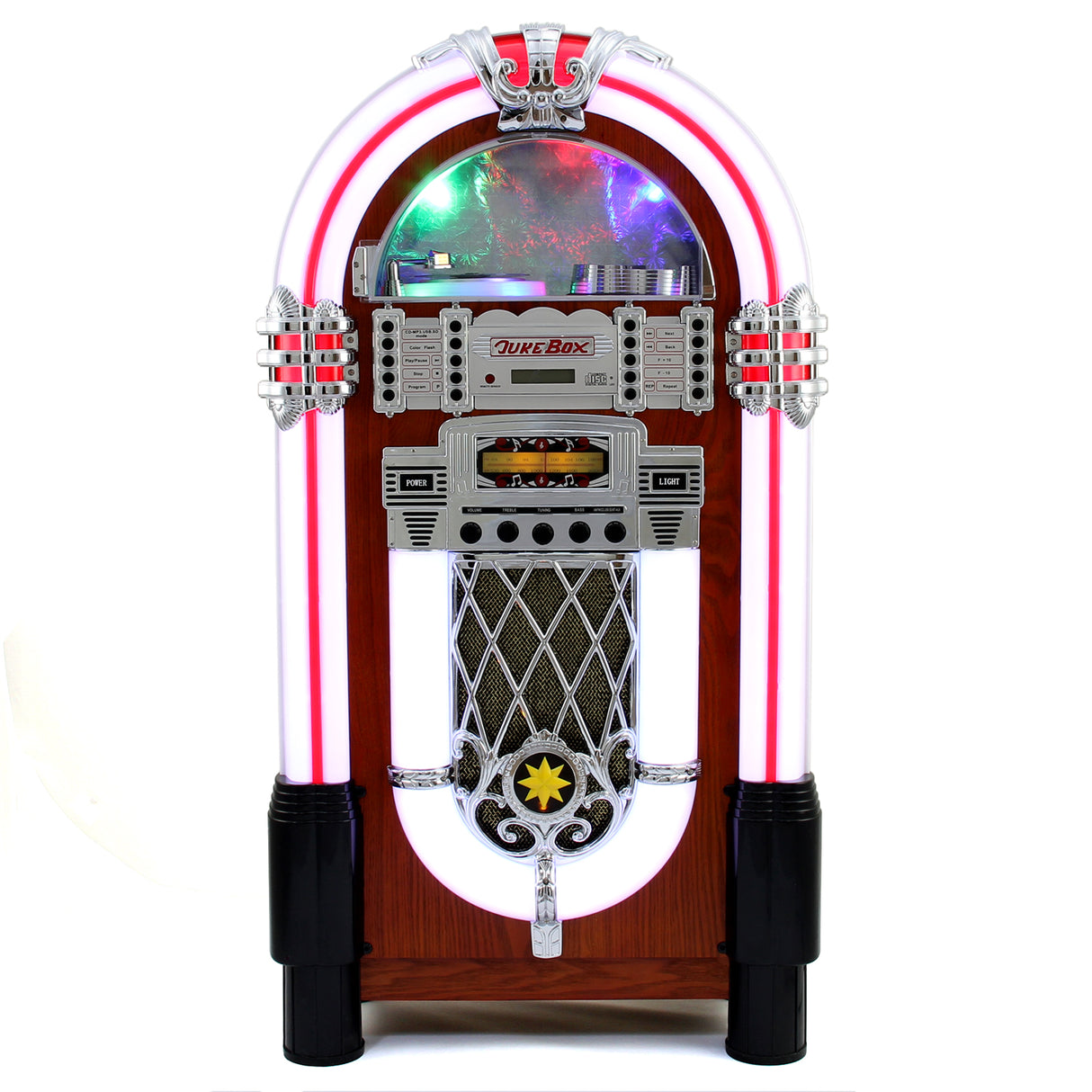 Juke-box rétro en bois avec éclairage LED rouge et blanc, affichant des boutons chromés et un design vintage attrayant