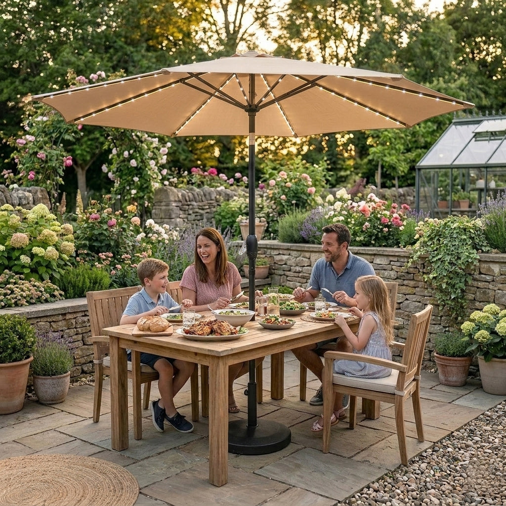 Parasol Inclinable à LED 2,7 m & Socle en Béton - Beige