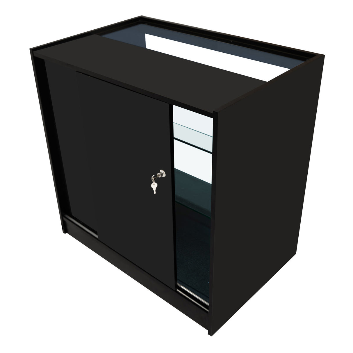 Comptoir de vente à LED noir avec portes coulissantes, surface lisse, éclairage intégré et étagères en verre pour une présentation élégante
