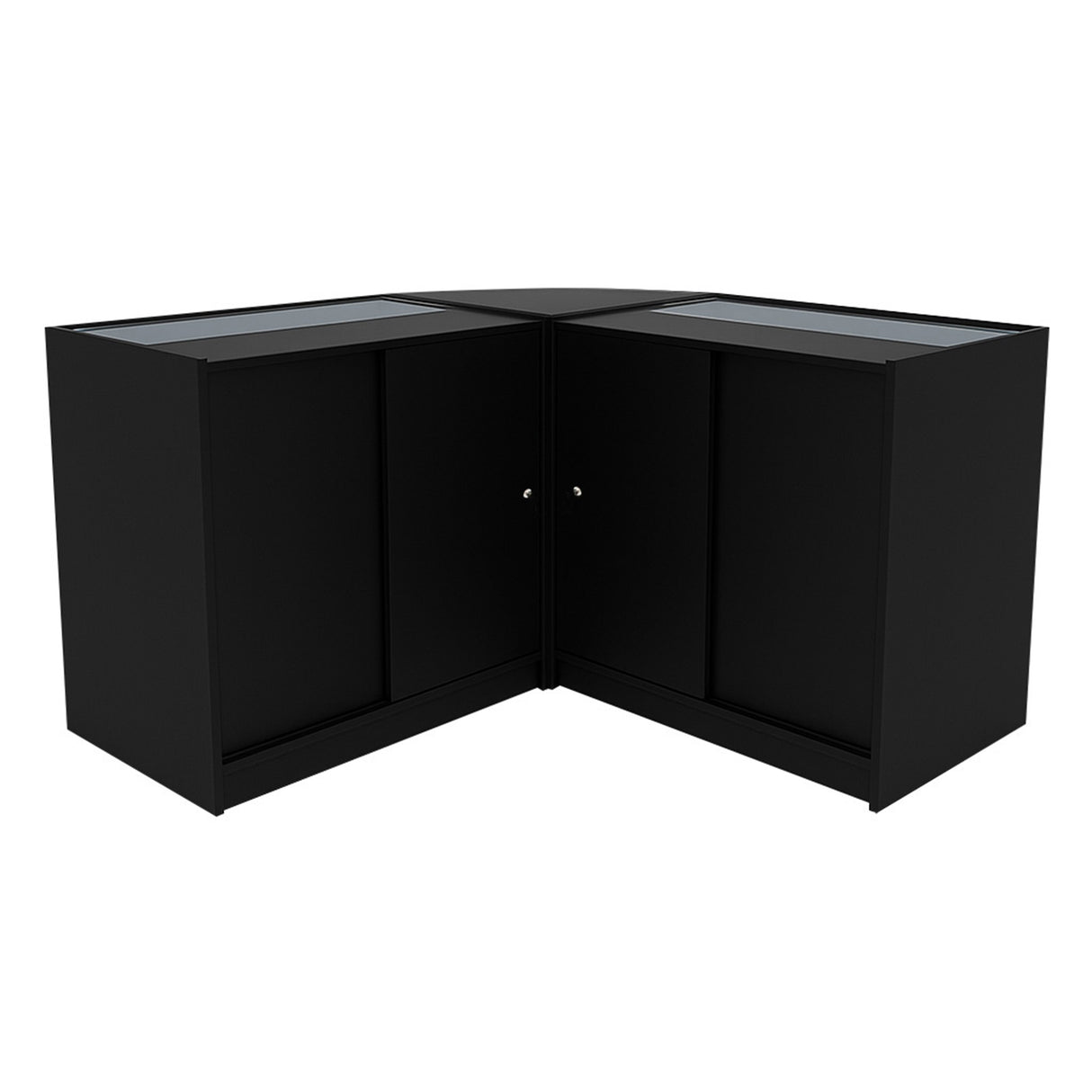 Comptoir de vente à LED noir, design moderne en forme de L, avec surfaces vitrées et finitions lisses, idéal pour les présentations