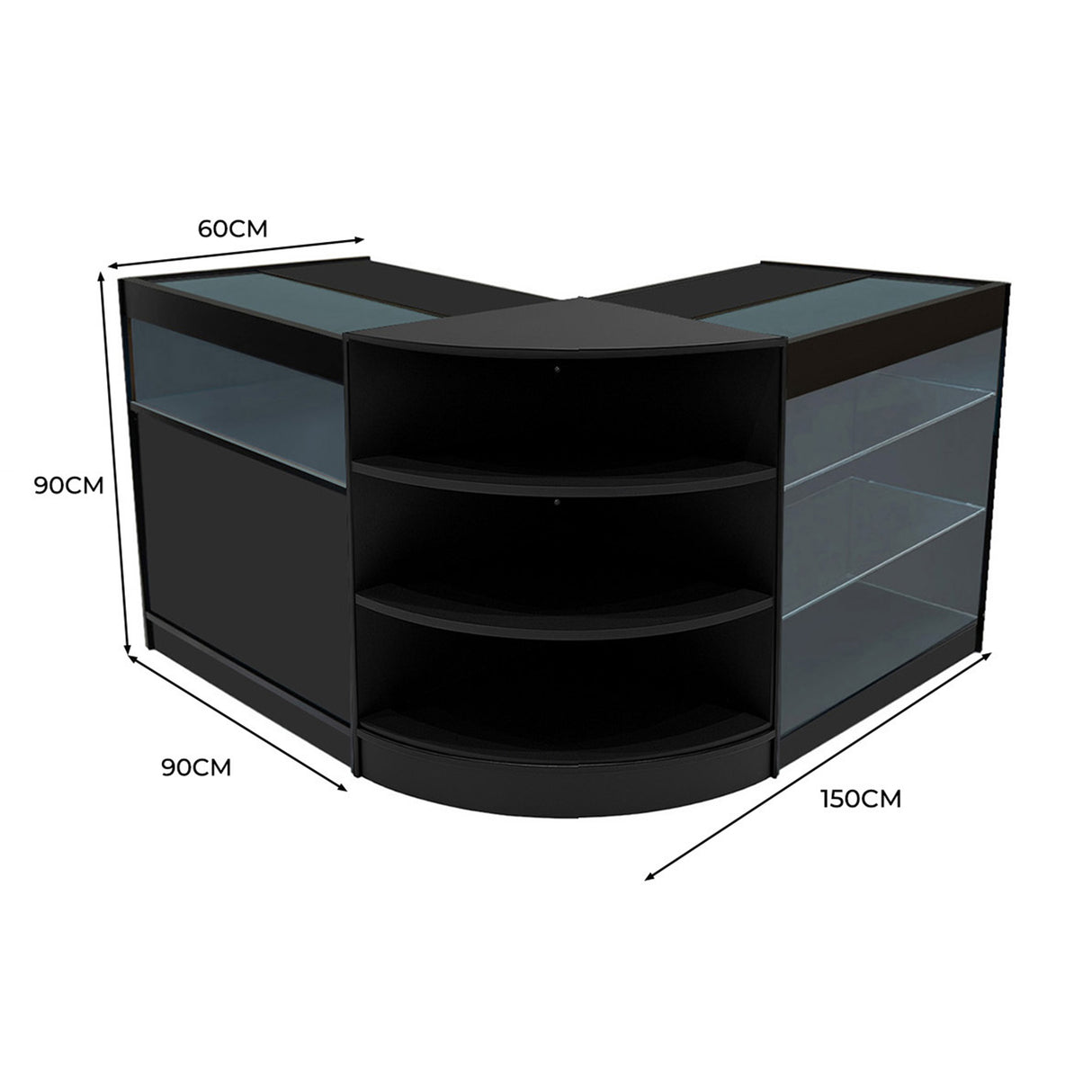 Comptoir de vente à LED en forme de L, noir, avec étagères en verre, dimensions 150 cm x 90 cm x 60 cm, design moderne et élégant