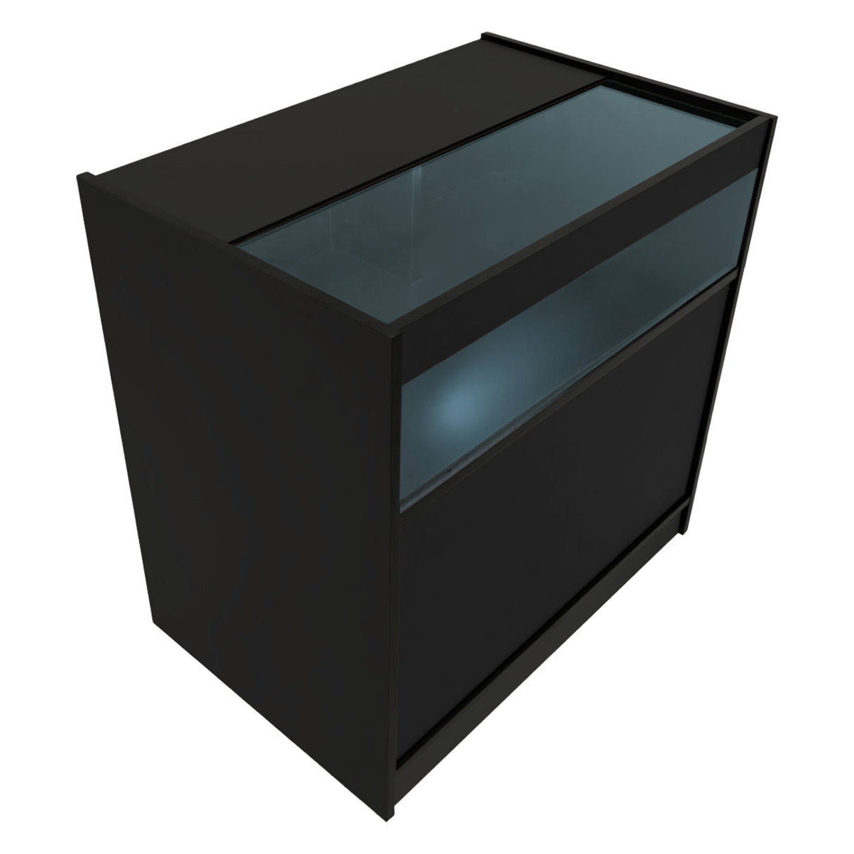 Comptoir de vente à LED noir avec surface en verre transparent, design moderne et épuré, idéal pour les présentations de produits