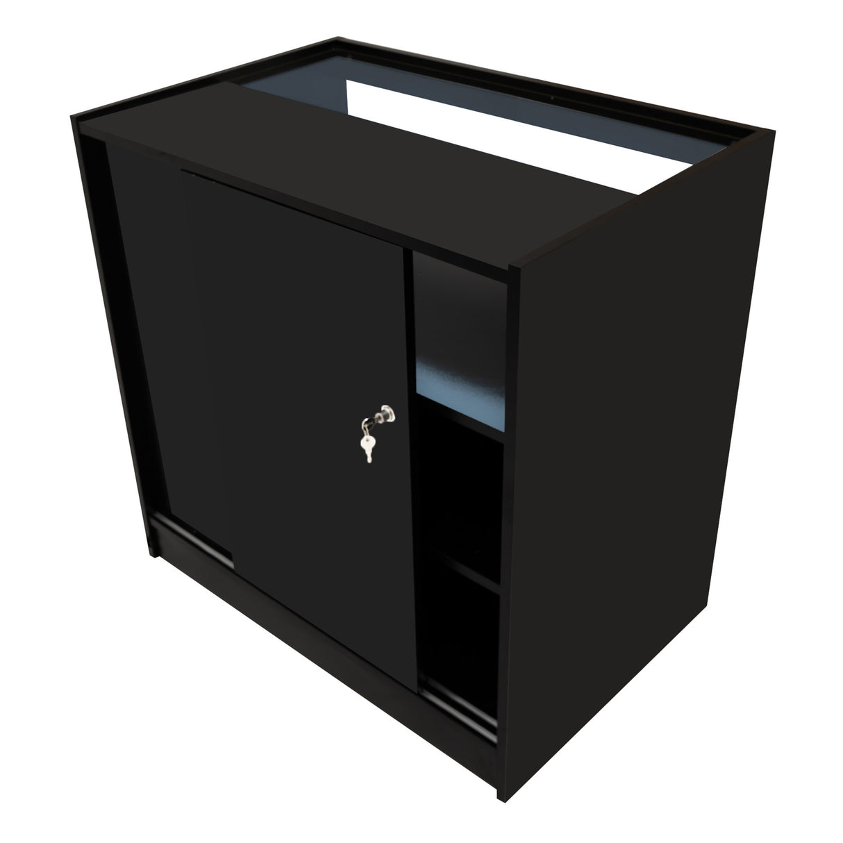 Comptoir de vente à LED noir, design moderne avec portes coulissantes, finition lisse et espace de rangement intégré, idéal pour les boutiques