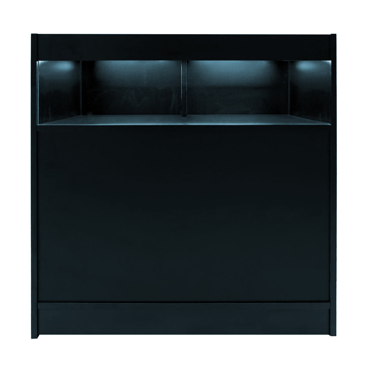 Comptoir de vente noir avec éclairage LED intégré, surface lisse et moderne, idéal pour les espaces commerciaux et événements