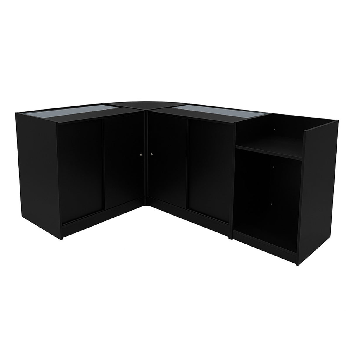 Comptoirs de vente à LED Phoenix en noir, avec surfaces vitrées, angles arrondis et espaces de rangement intégrés pour une présentation élégante
