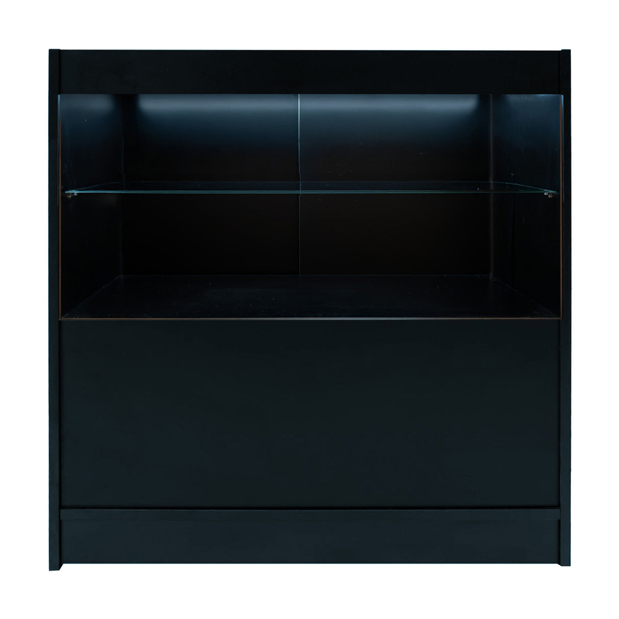 Comptoir de vente à LED noir avec étagère en verre, design moderne et épuré, idéal pour les espaces commerciaux et les événements