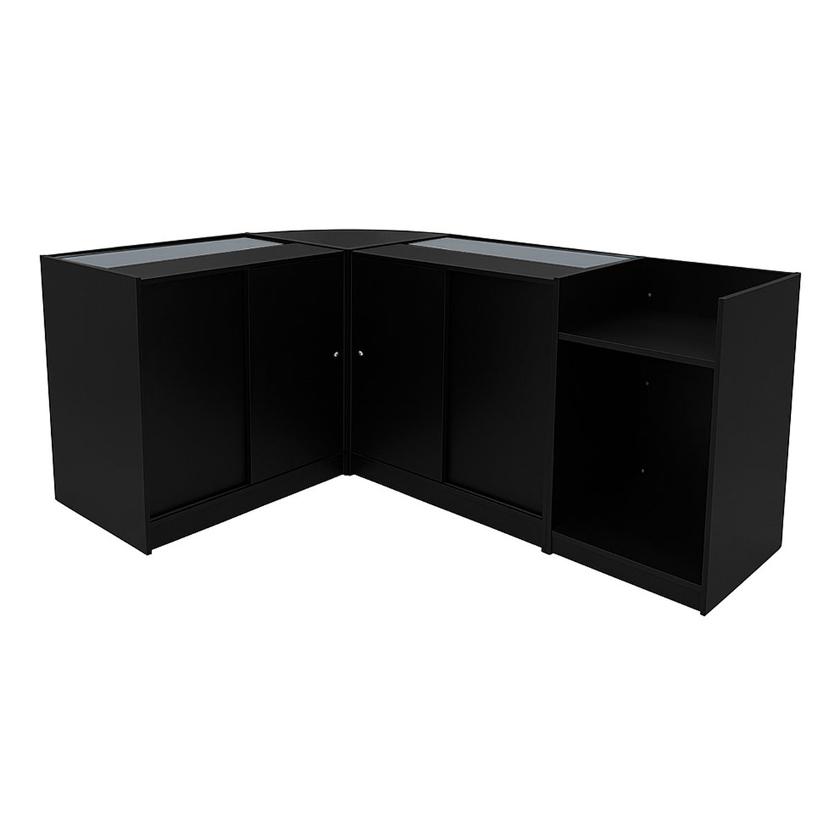 Comptoirs de vente à LED Aries en noir, avec surfaces vitrées, angles arrondis et espaces de rangement intégrés pour une présentation élégante