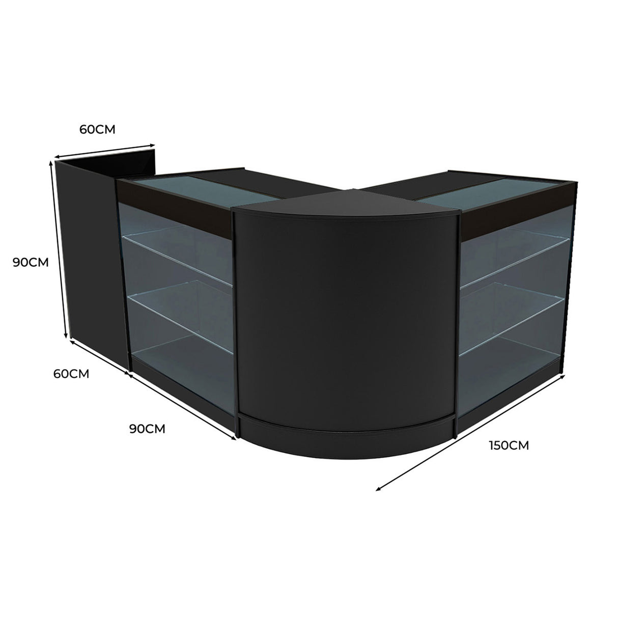 Comptoir de vente à LED noir en forme de U, avec surfaces vitrées et dimensions de 150 cm x 90 cm x 90 cm, idéal pour l'exposition