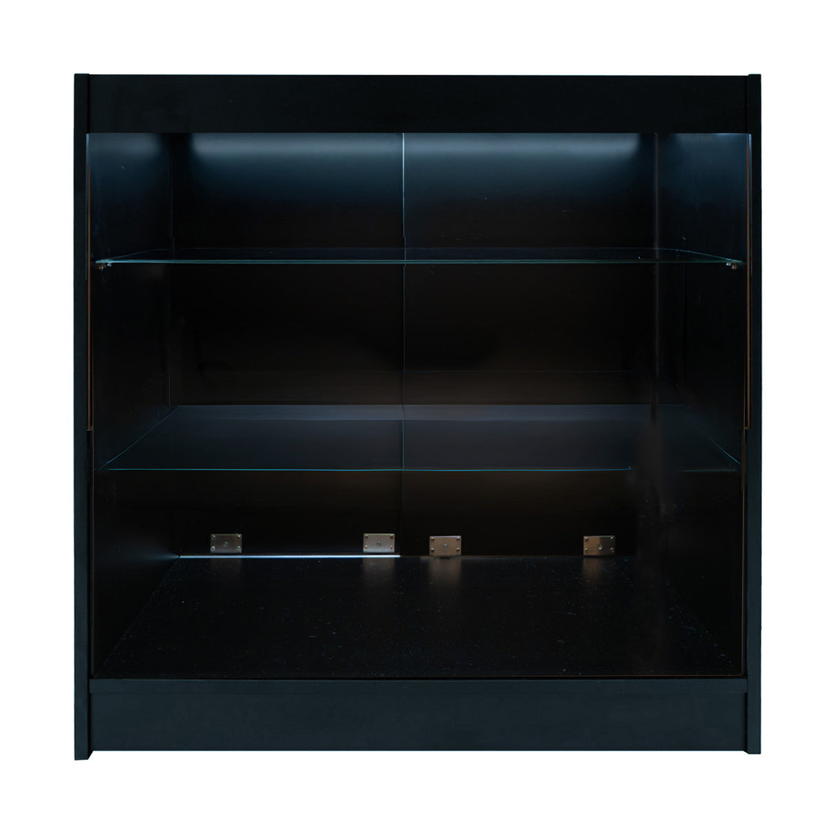 Comptoir de vente à LED noir avec étagères en verre, finition lisse et moderne, éclairage intégré pour une présentation élégante