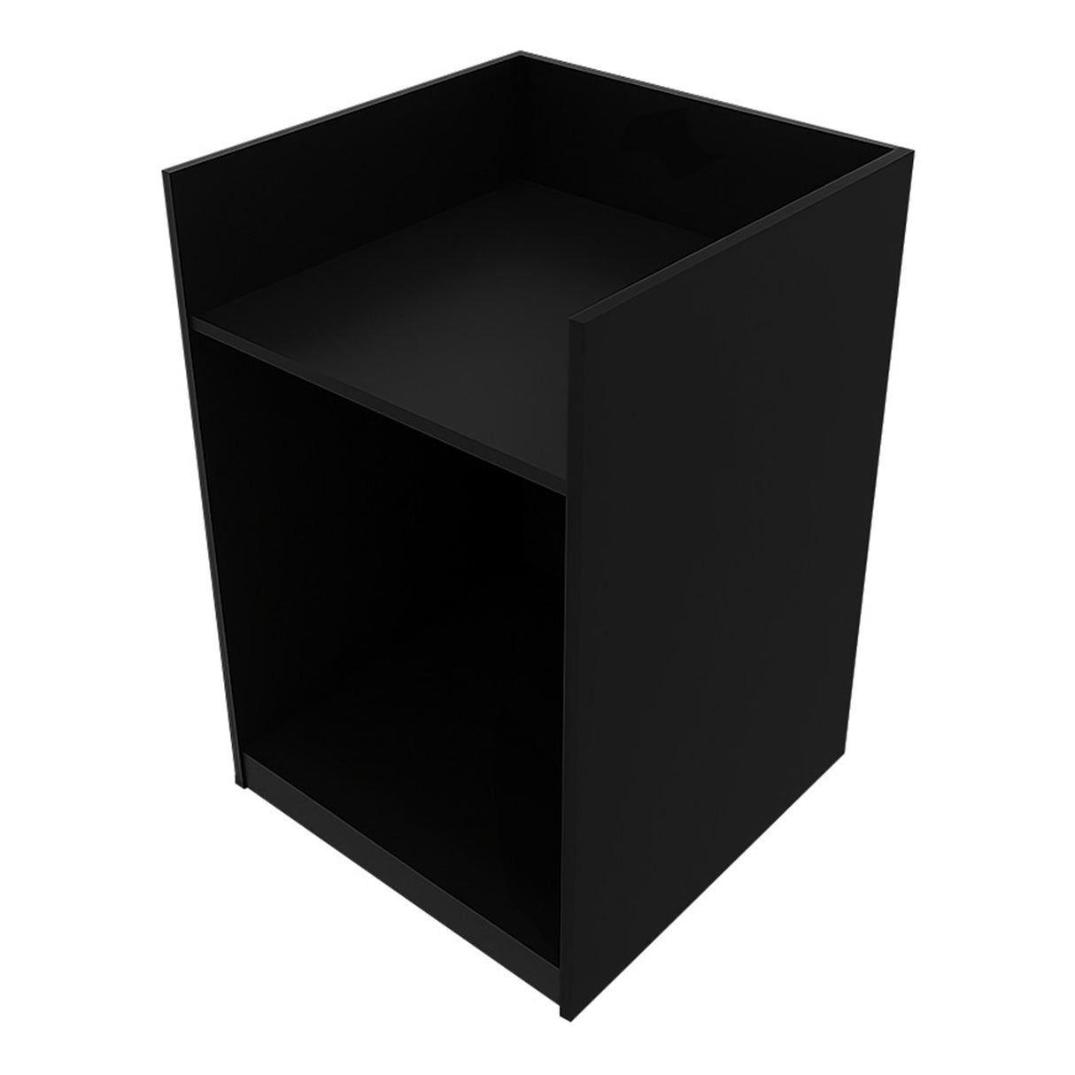 Comptoir de vente à LED noir avec finition lisse, design moderne, espace de rangement ouvert et surface supérieure spacieuse