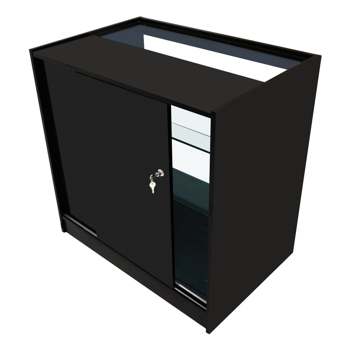 Comptoir de vente à LED Polaris noir, avec portes coulissantes, étagères en verre et finition lisse, idéal pour les présentations élégantes