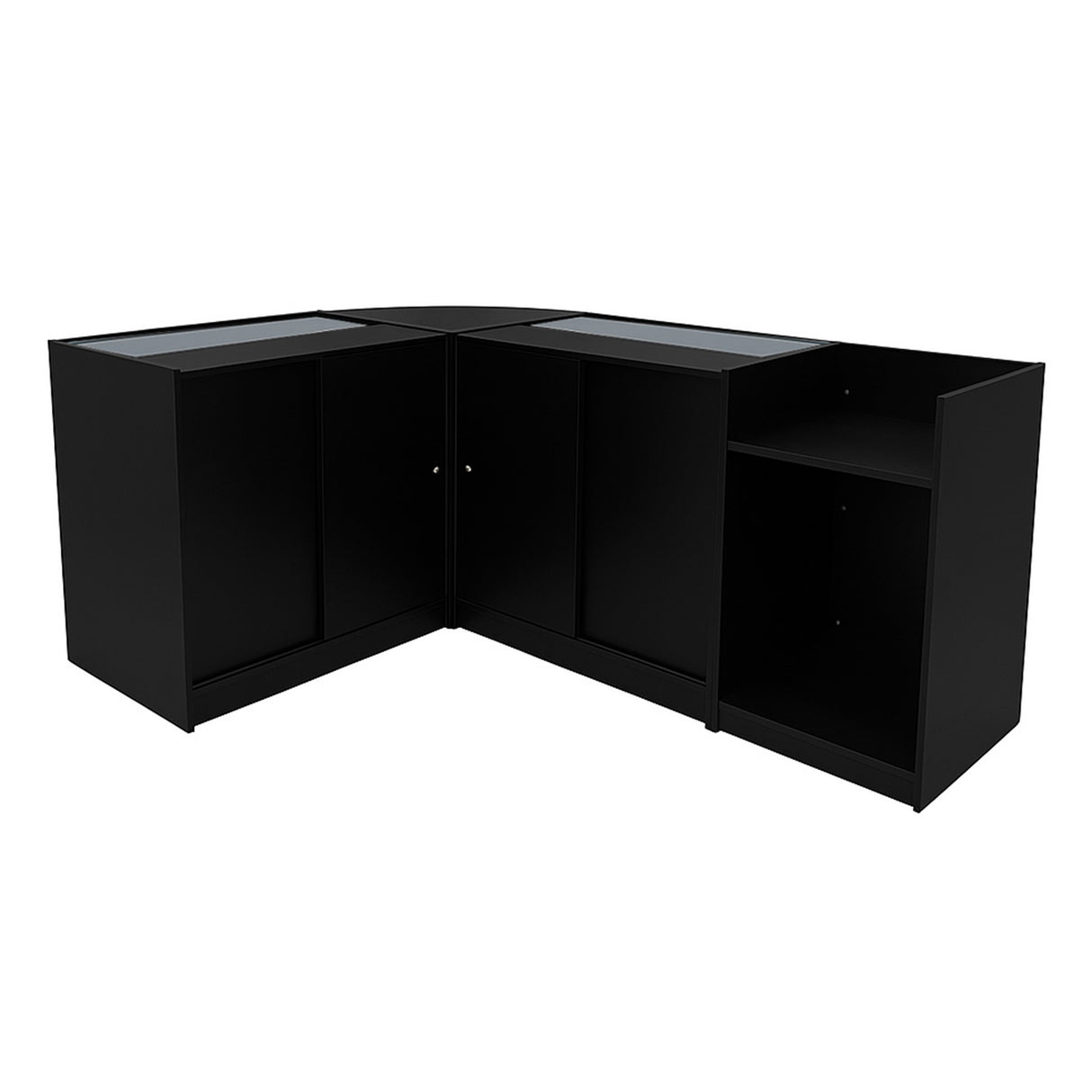 Comptoirs de vente à LED Polaris en noir, finition lisse, avec espaces de rangement et surfaces vitrées pour une présentation élégante