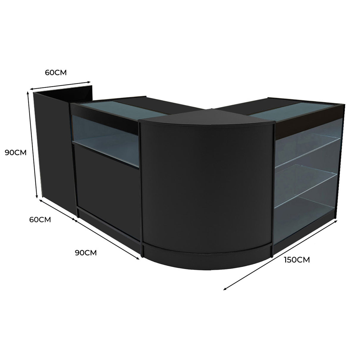 Comptoir de vente à LED Polaris noir, forme en L, dimensions 150x90x90 cm, avec surfaces en verre et finitions lisses