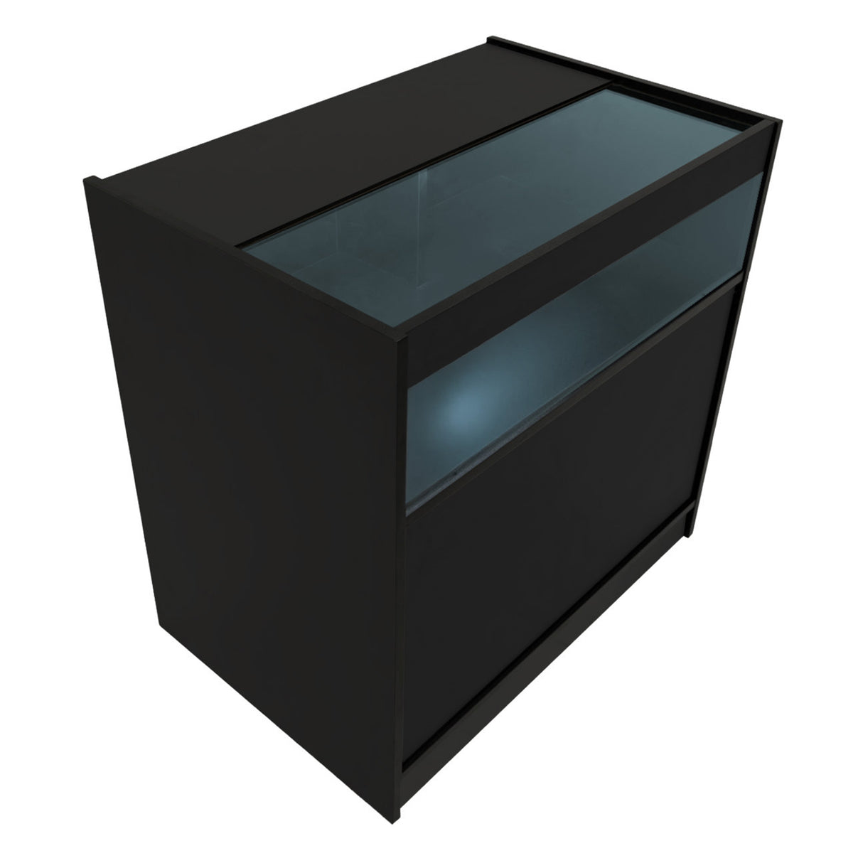 Comptoir de vente à LED Polaris noir, surface lisse, design moderne avec un panneau en verre transparent et éclairage intégré