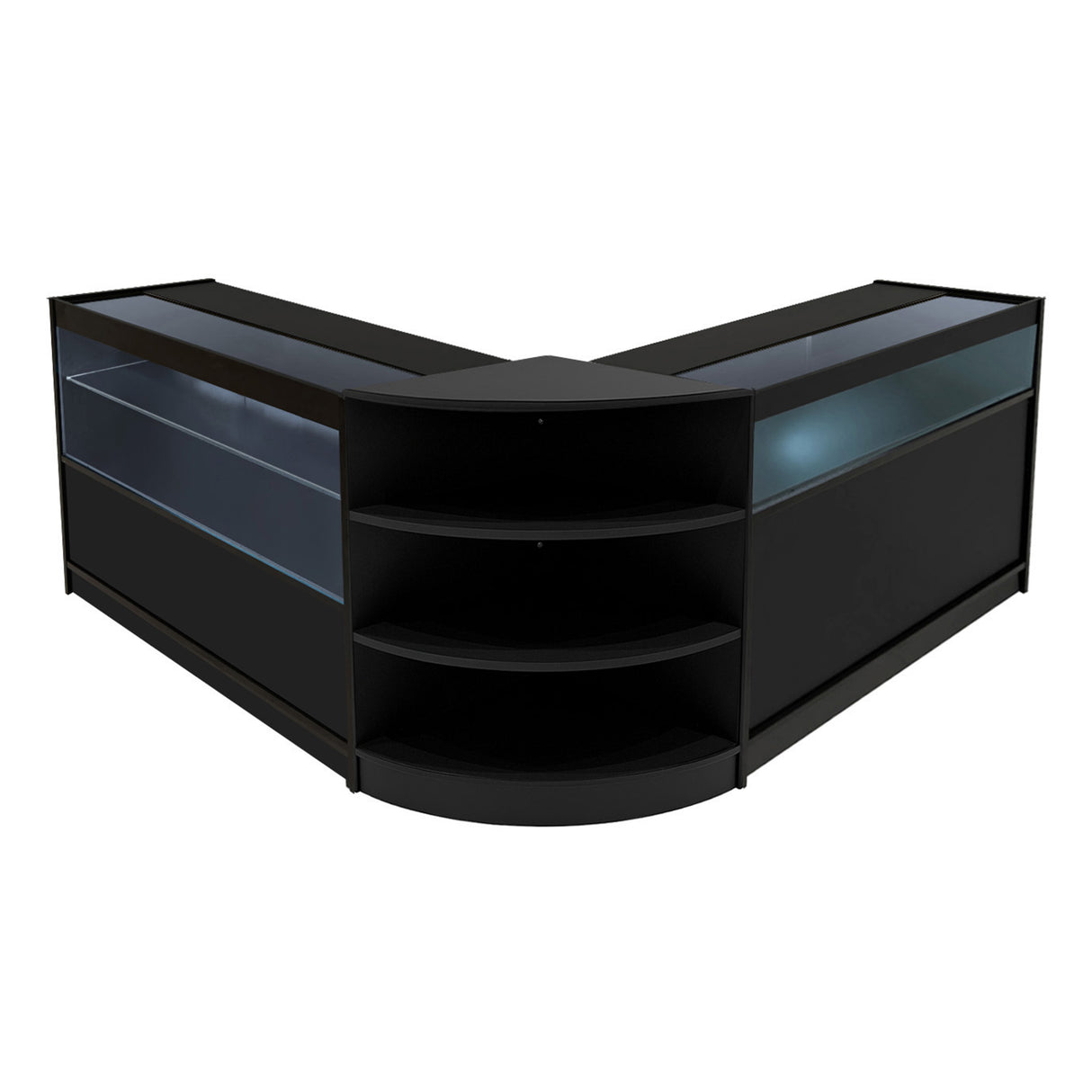 Comptoirs de vente à LED Harmonia en noir, avec surfaces lisses, étagères courbes et vitrines éclairées pour une présentation élégante