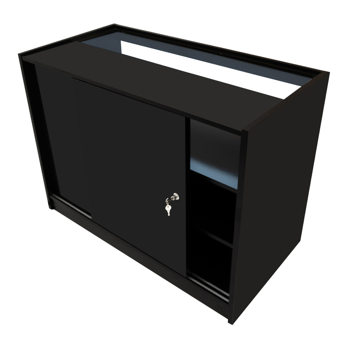 Comptoir de vente à LED Harmonia noir, avec une finition lisse, des portes coulissantes et des étagères ouvertes pour un rangement pratique