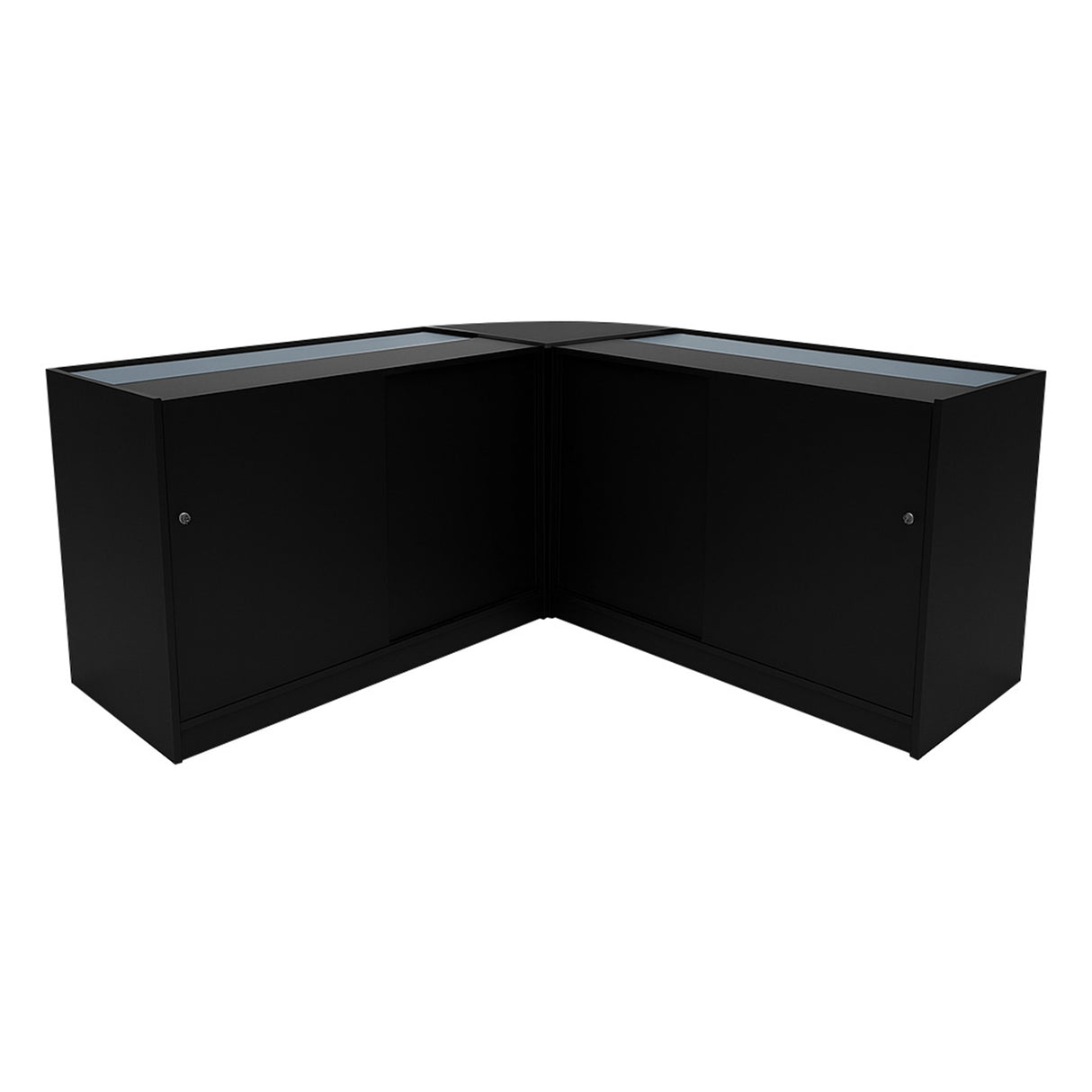 Comptoirs de vente à LED Harmonia en noir, finition lisse, design moderne avec surfaces vitrées et rangement intégré, idéal pour boutiques