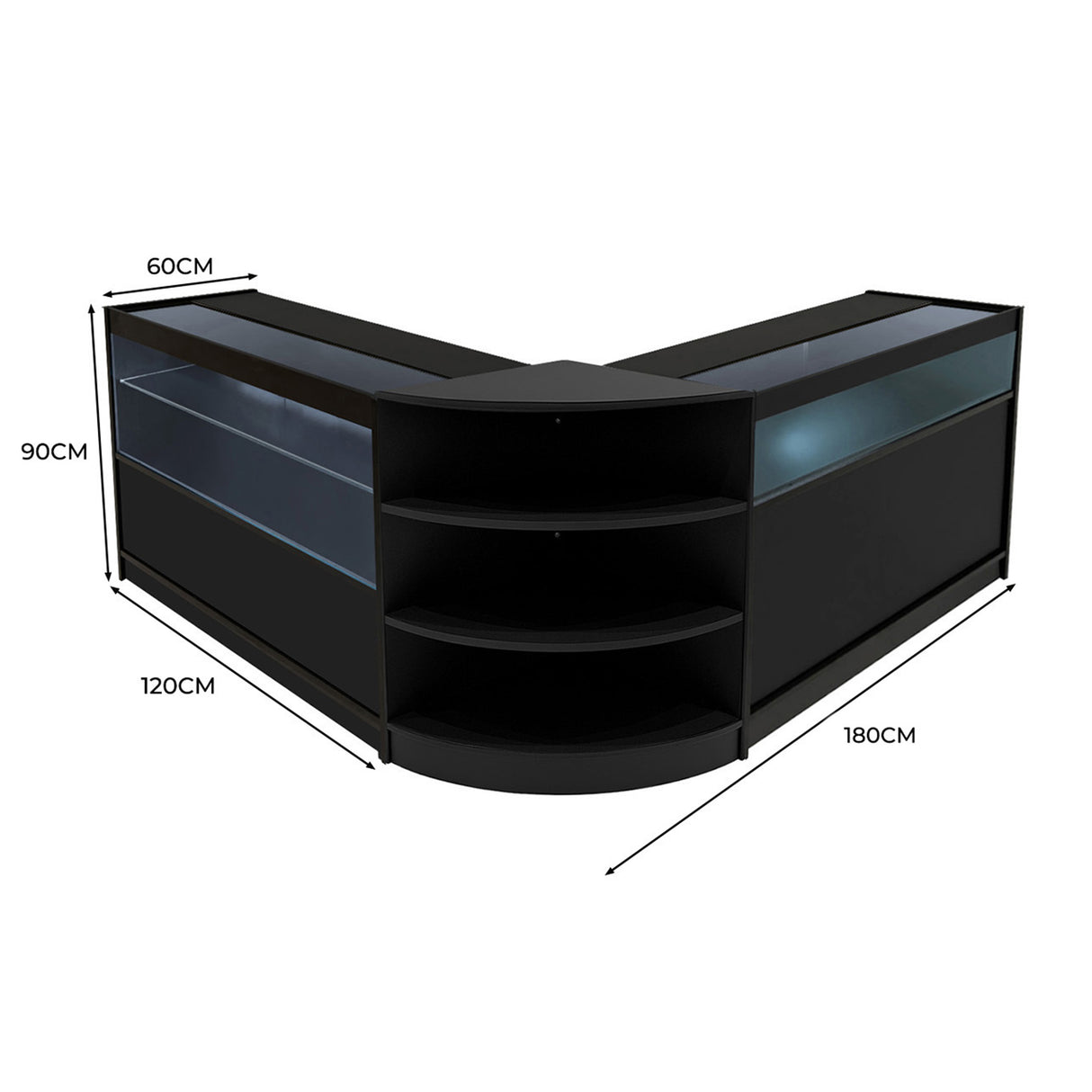 Comptoir de vente en L noir avec éclairage LED, étagères ouvertes et surfaces vitrées, dimensions 60x120x180 cm, design moderne