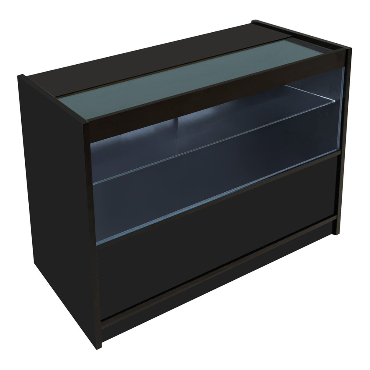 Comptoir de vente à LED noir avec surface en verre, éclairage intérieur, et espace de rangement pratique pour produits exposés