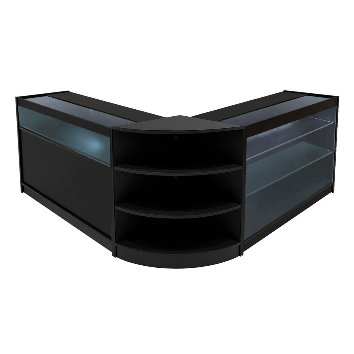 Comptoirs de vente à LED Calliope en noir, avec surfaces vitrées, étagères courbées et design moderne en forme de coin