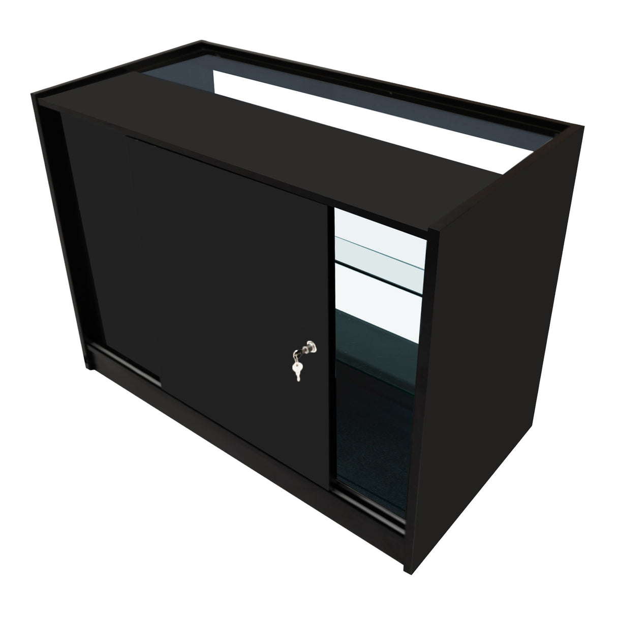 Comptoir de vente à LED noir, design moderne avec portes coulissantes, éclairage intégré et surface lisse, idéal pour les présentations
