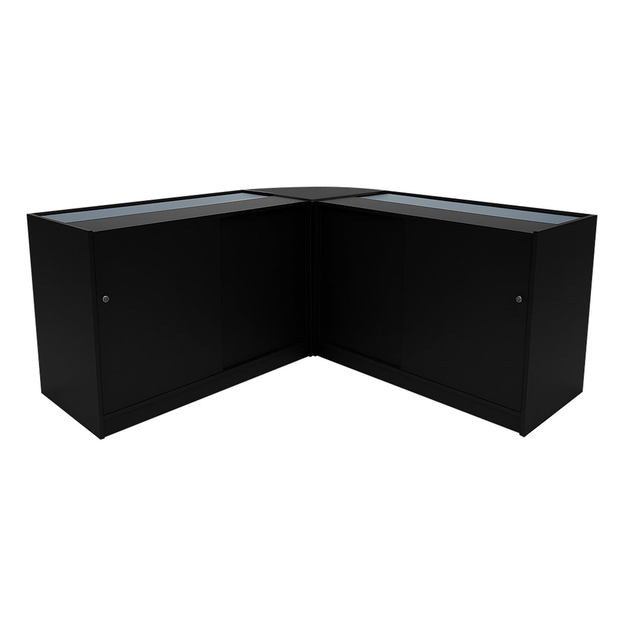 Comptoirs de vente à LED Calliope en noir, design moderne avec surfaces vitrées et finitions lisses, idéal pour l'exposition