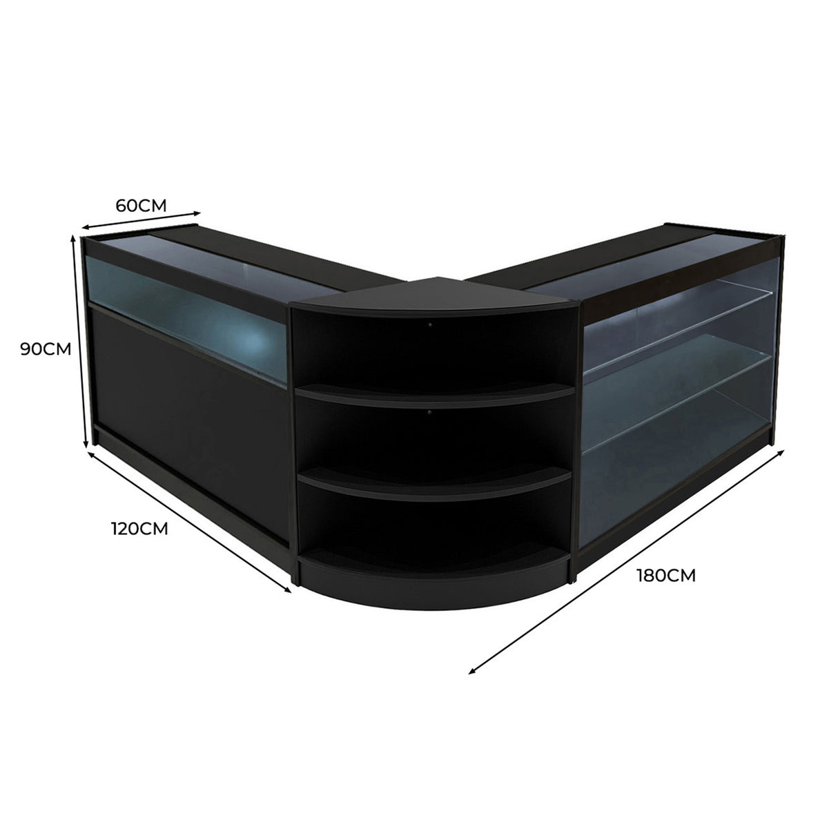 Comptoir de vente à LED noir en forme de L, avec étagères ouvertes et vitrines, dimensions 180x120x90 cm, design moderne et élégant