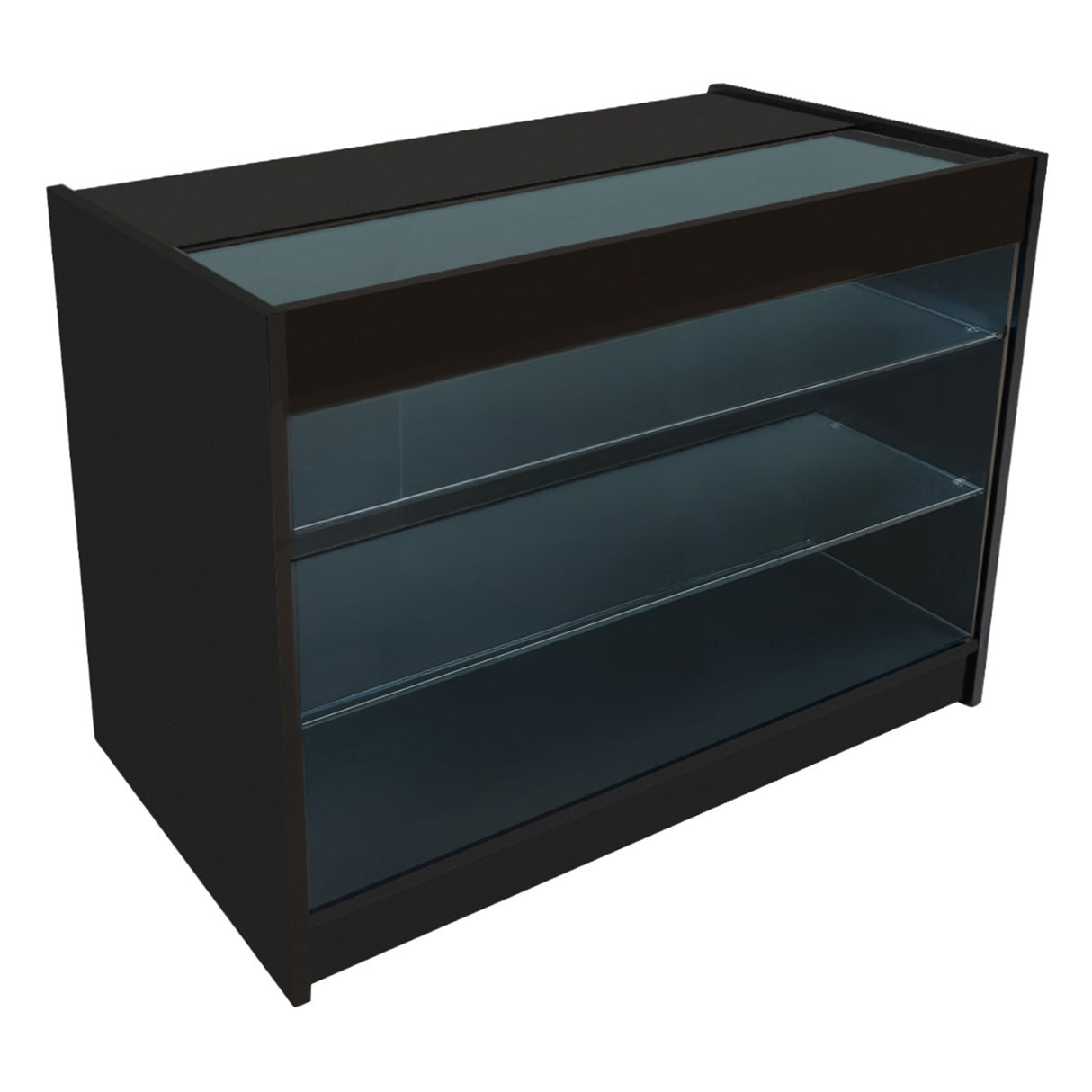 Comptoir de vente à LED Calliope noir avec étagères en verre transparent, design moderne et épuré, idéal pour la présentation de produits