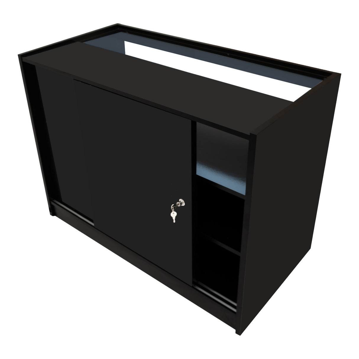 Comptoir de vente à LED noir avec portes coulissantes, éclairage intégré, et étagères pour un rangement pratique et élégant