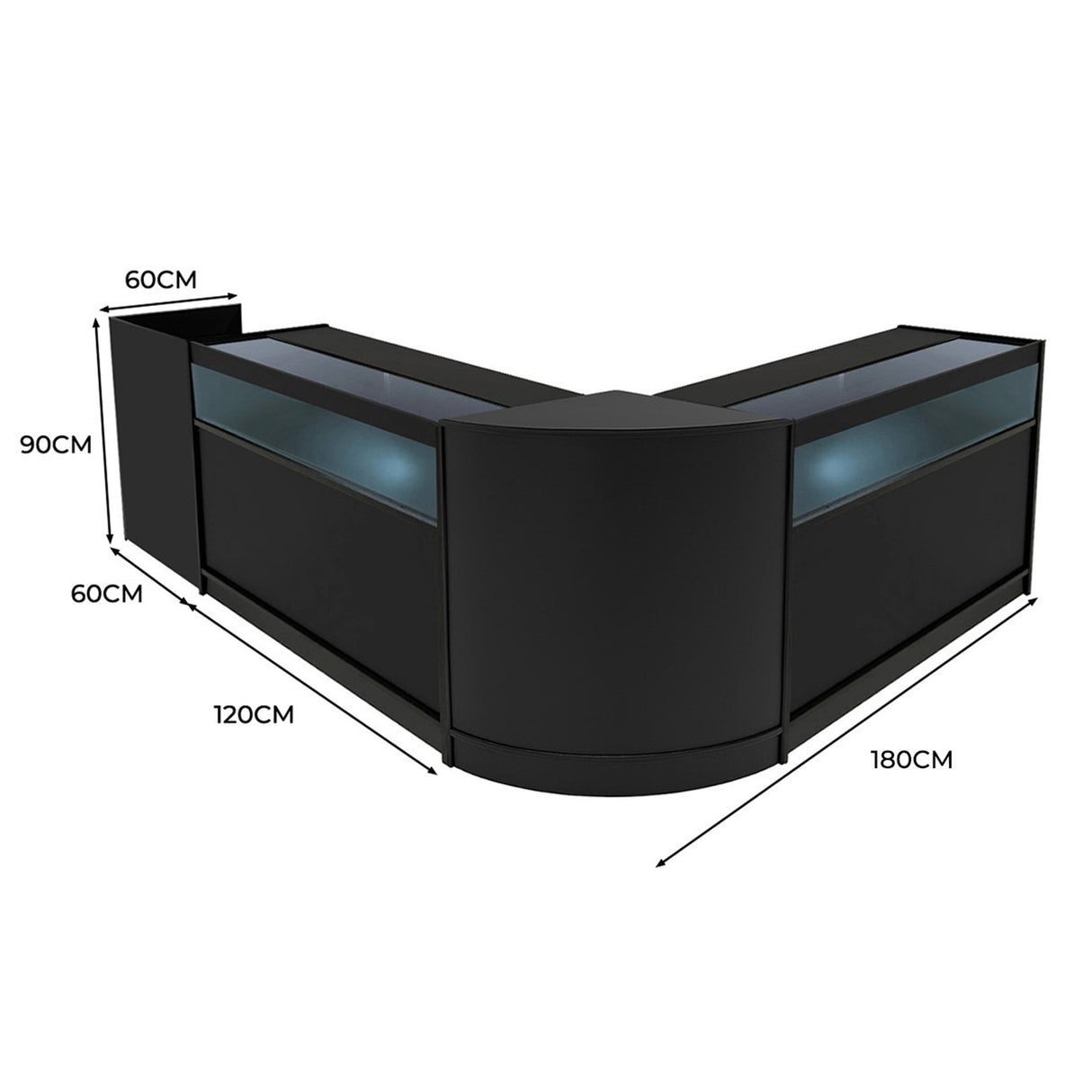 Comptoirs de vente à LED en noir, forme en V, dimensions 180 cm x 90 cm, avec surfaces vitrées et éclairage intégré