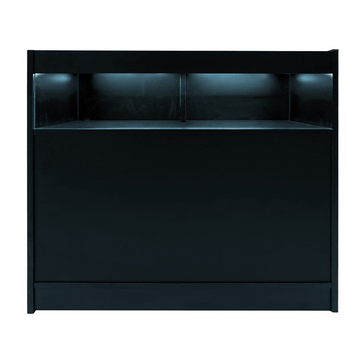 Comptoir de vente à LED Luna en noir, surface lisse, éclairage intégré, design moderne et épuré, idéal pour les espaces commerciaux