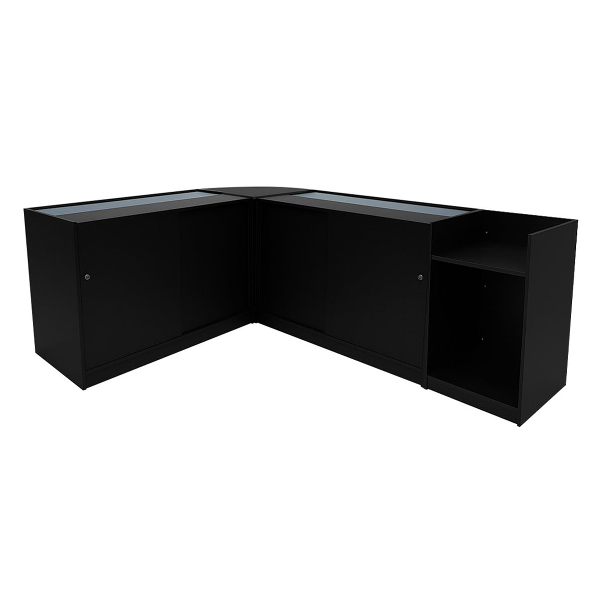 Comptoirs de vente à LED en noir, finition lisse, avec vitrines en verre et espace de rangement, design moderne et élégant
