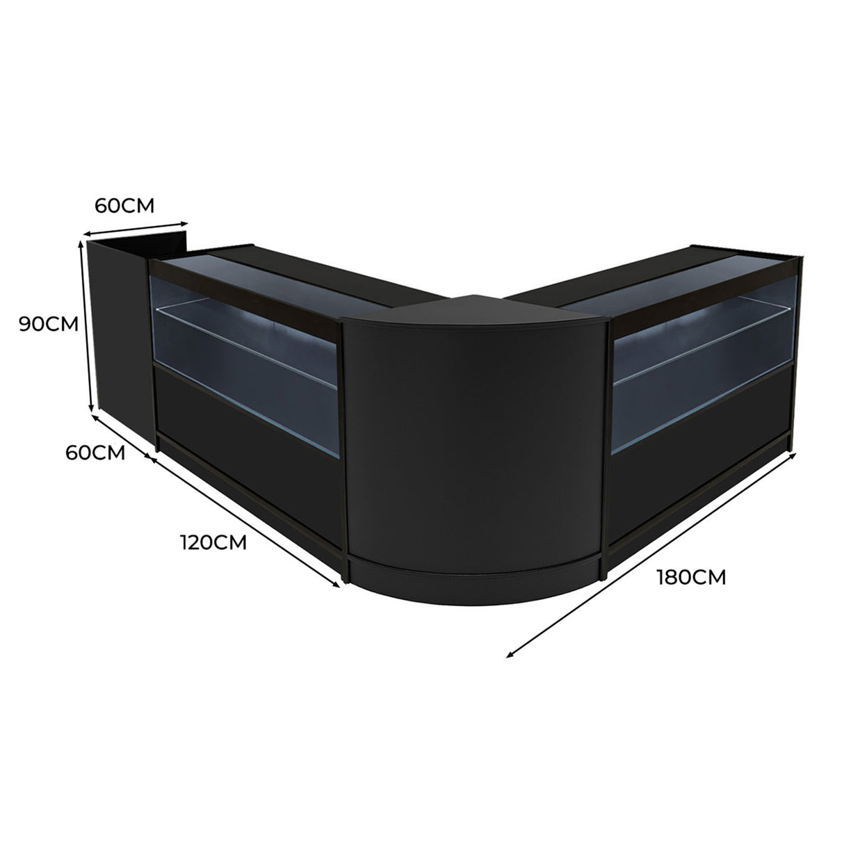 Comptoir de vente à LED noir en forme de L, dimensions 60 cm x 120 cm, avec surfaces lisses et éclairage intégré pour une présentation élégante