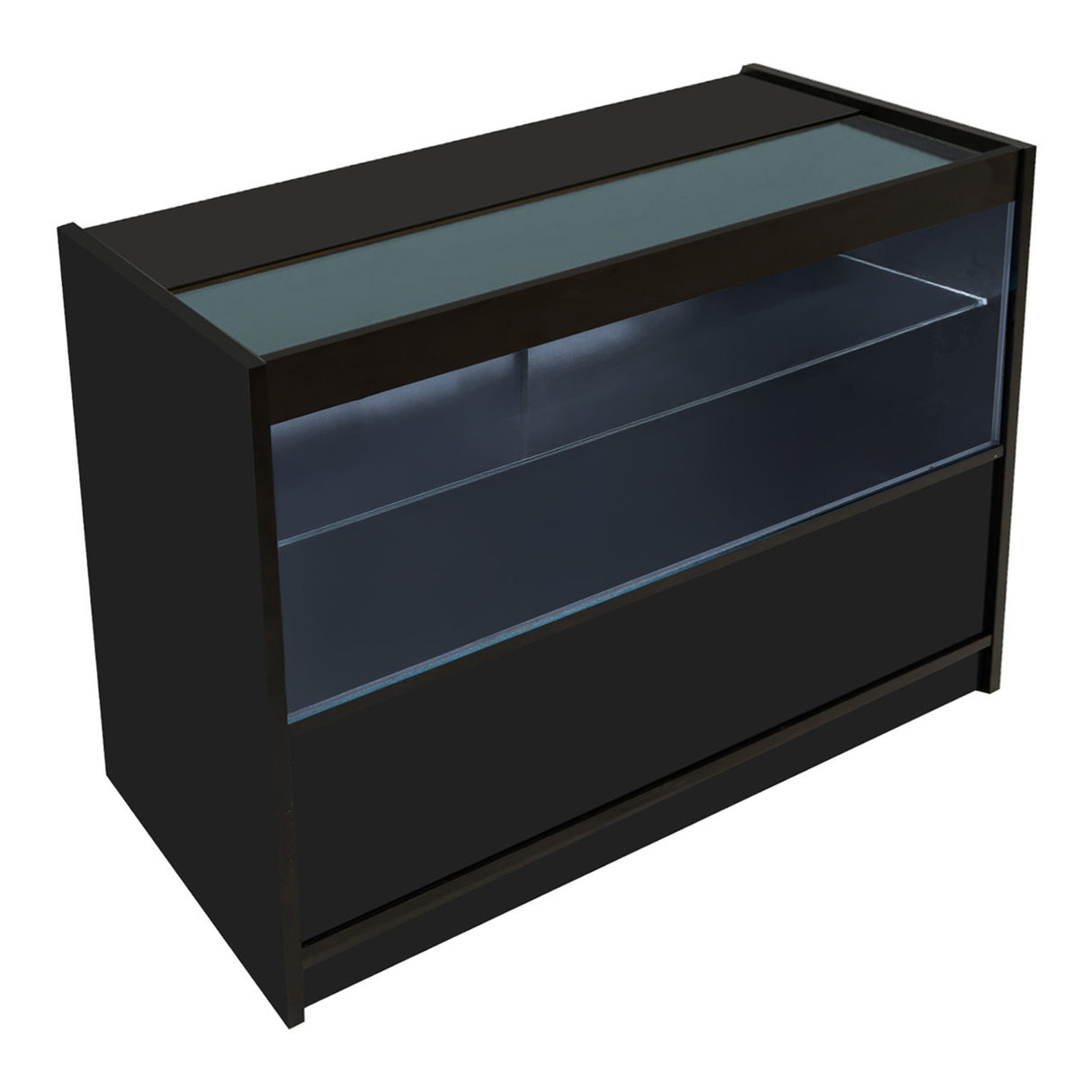 Comptoir de vente à LED noir avec surface en verre, éclairage intégré et espace de rangement, design moderne et épuré