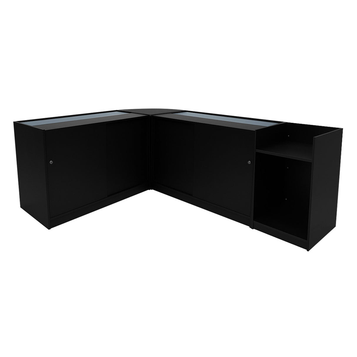 Comptoirs de vente à LED Polaris en noir, avec surfaces en verre, finition lisse, et espaces de rangement intégrés pour un design moderne