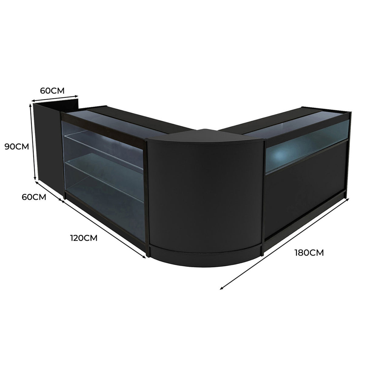 Comptoir de vente en forme de L, finition noire, avec étagères en verre, dimensions 180 cm x 120 cm x 90 cm, design moderne et élégant