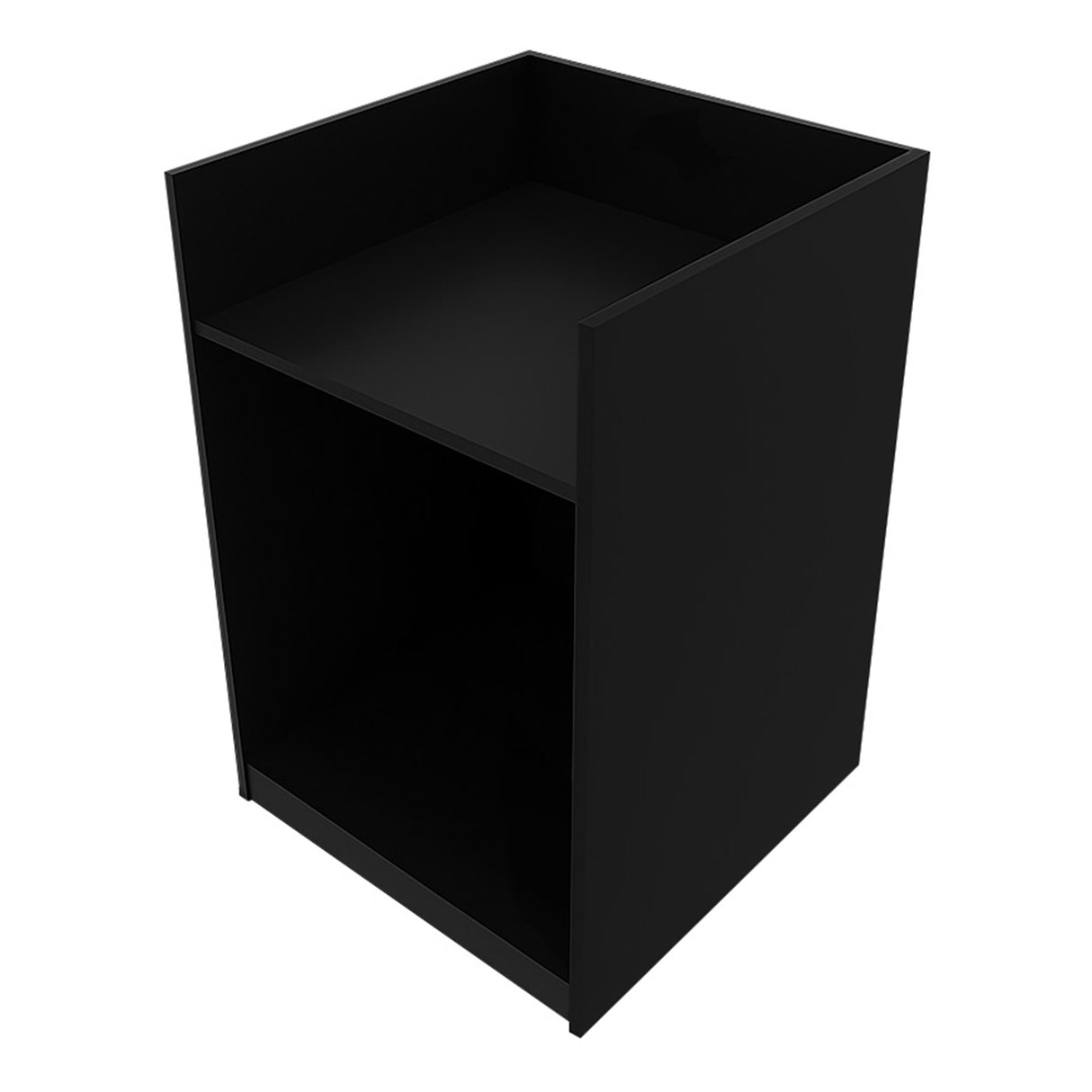Comptoir de vente à LED Polaris noir, design moderne, finition lisse, avec un espace de rangement ouvert et une étagère supérieure spacieuse
