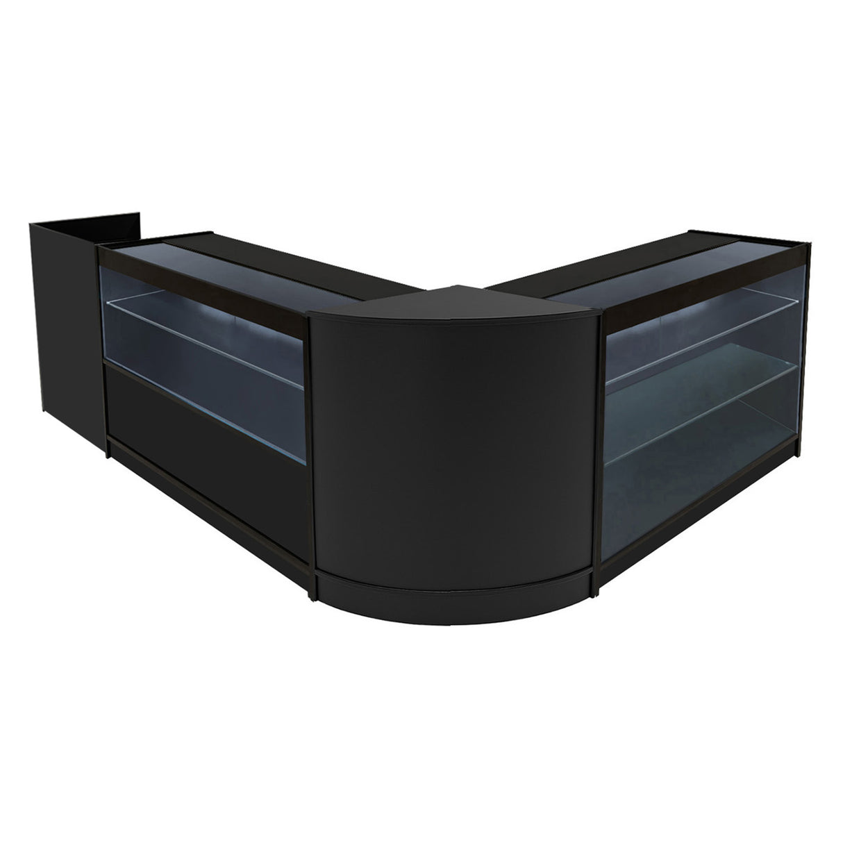 Comptoirs de vente à LED Vega en noir, design moderne en forme de V, avec surfaces vitrées et éclairage intégré pour une présentation élégante