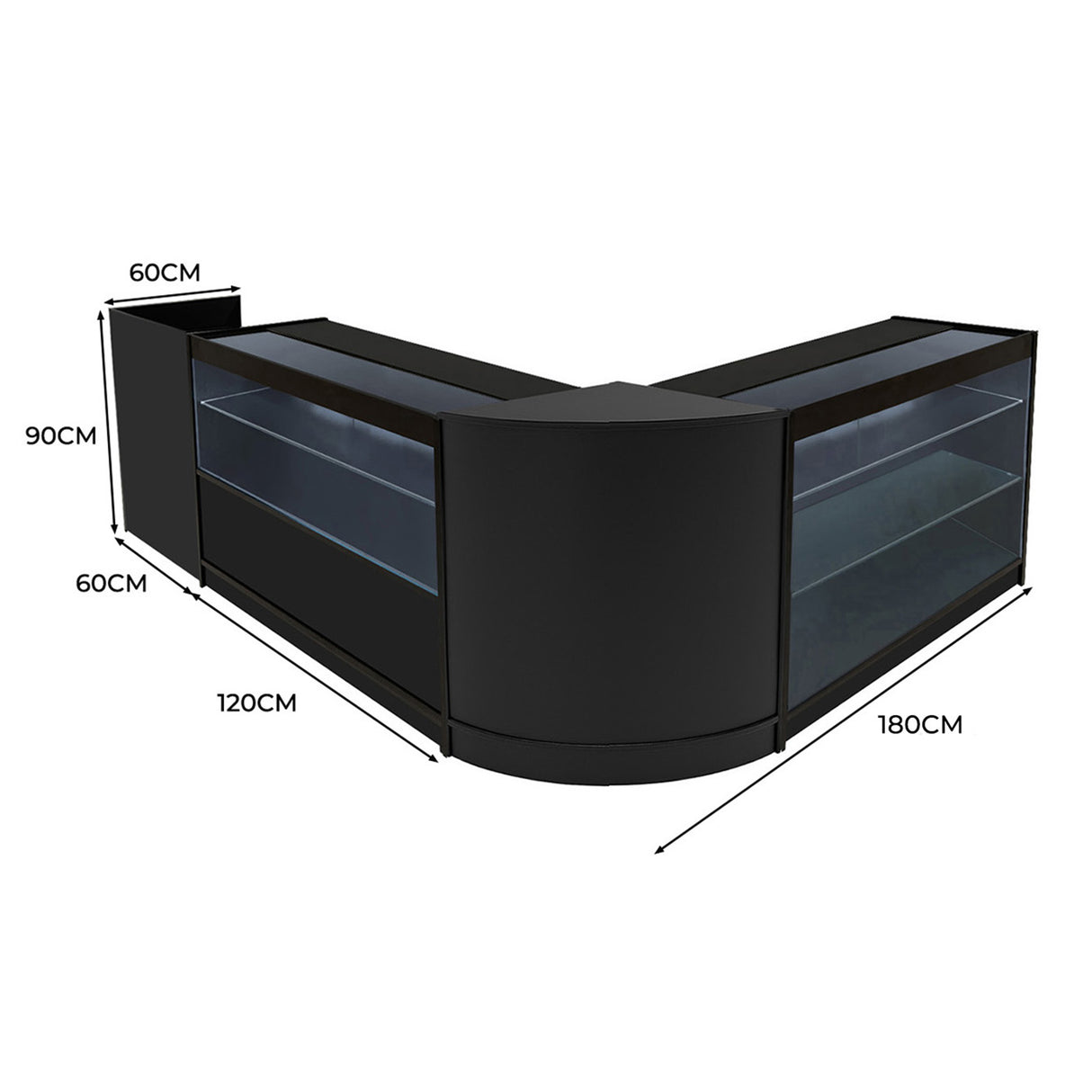 Comptoirs de vente à LED en noir avec surfaces lisses, éclairage intégré, dimensions de 180 cm de large et 90 cm de haut