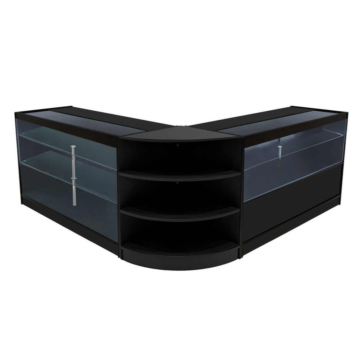 Comptoirs de vente à LED Calliope en noir, avec surfaces vitrées, étagères courbes et design moderne, idéal pour le merchandising