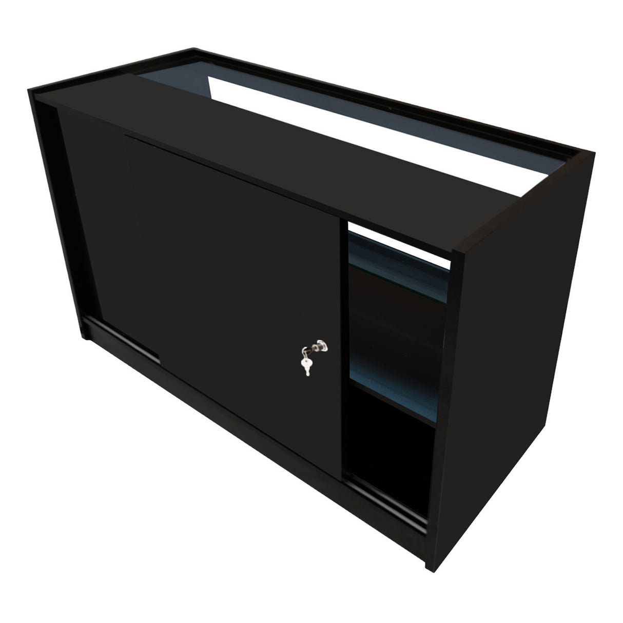 Comptoir de vente à LED noir Calliope avec portes coulissantes, étagères intérieures et finition lisse, idéal pour le commerce