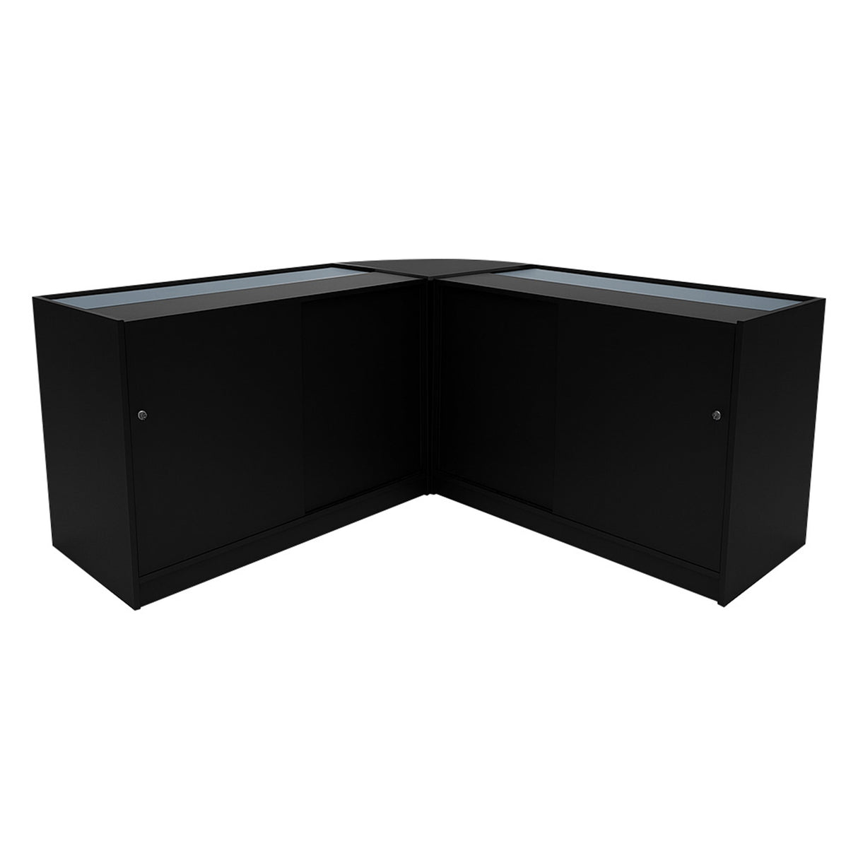 Comptoirs de vente à LED Calliope en noir, finition lisse, avec surfaces vitrées et design moderne en angle pour un espace optimisé